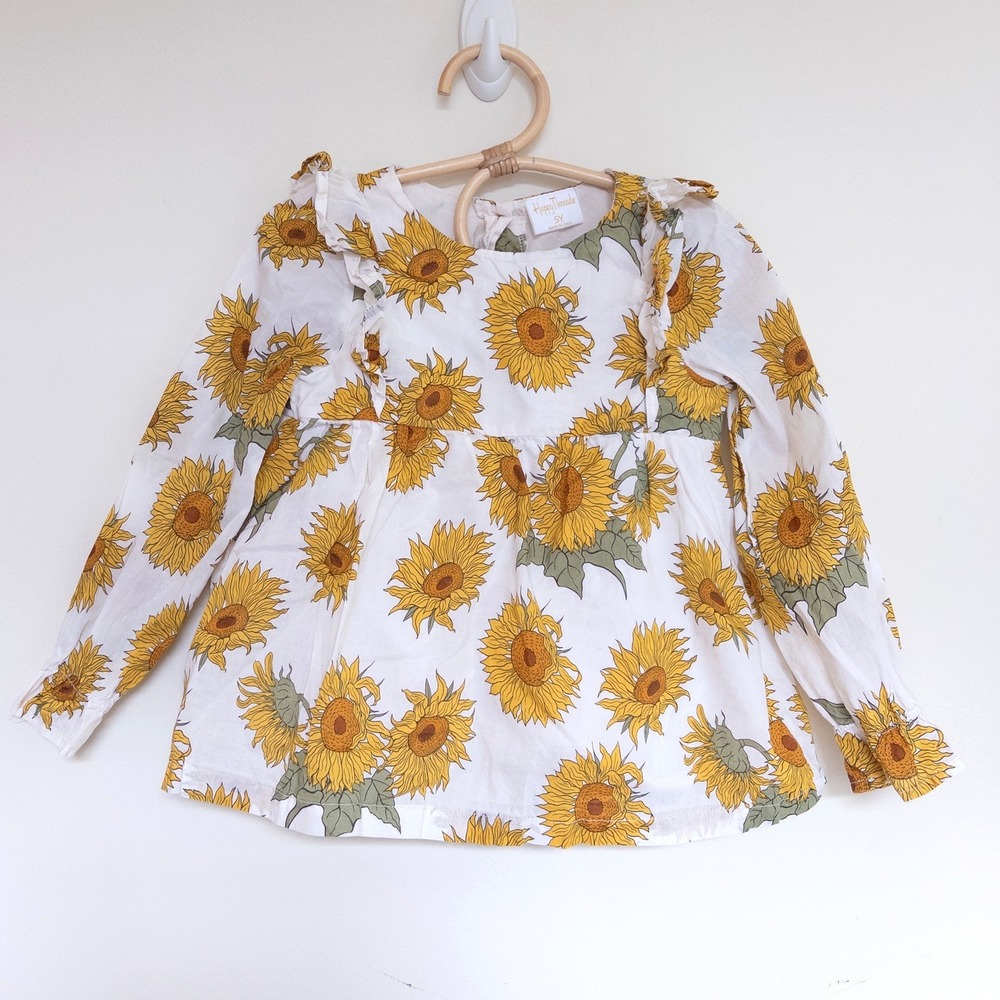 Happy Threads Sunflower Ruffle‎ Long Sleeve Top White Yellow Floral Kids 5Y